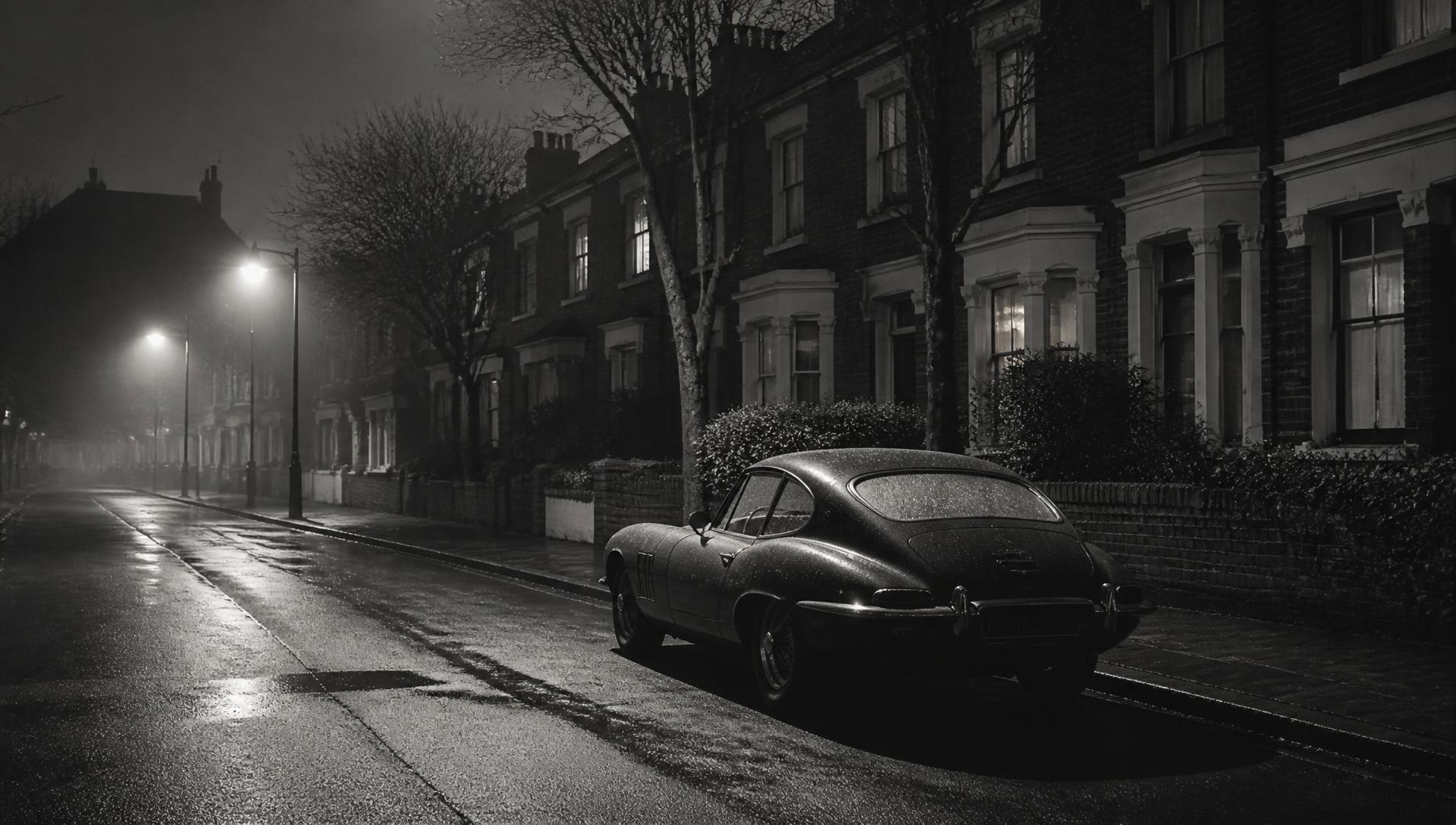 Quiet British terraced street at dusk after rain, with a single classic car parked at the kerb